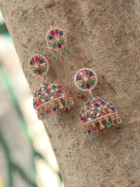 

Adwitiya Collection 24 CT Rose Gold Plated Maang Tikka With Jhumkas