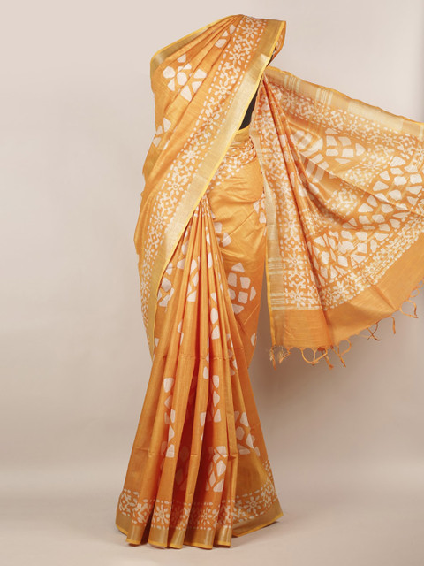 

Pothys Mustard & White Linen Blend Printed Saree With Tasselled Pallu
