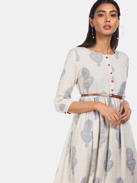

Karigari Women Off-White & Blue Printed Fit and Flare Dress