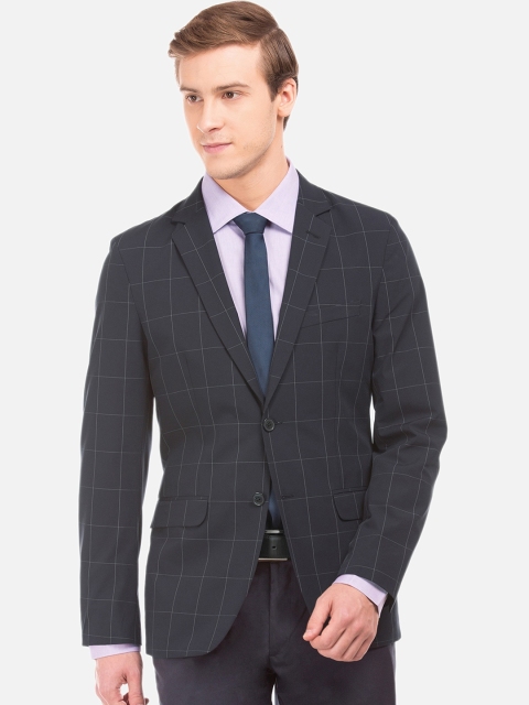 

AD By Arvind Men Black & Grey Checked Slim Fit Single-Breasted Formal Blazer