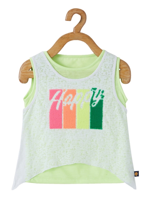 

VITAMINS Green & White Embellished Pure Cotton Tank Top