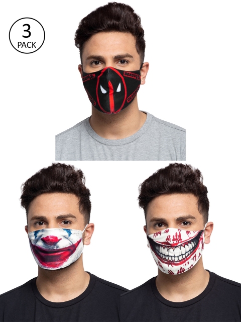 TREEMODA Men Pack Of 3 Deadpool, Joker and HA-HA Printed 3-Ply Reusable Cloth Face Masks, Black