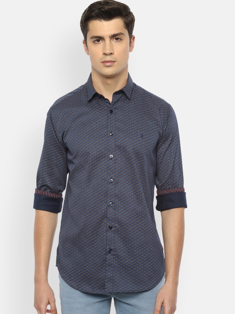 

V Dot Men Navy Blue & Yellow Slim Fit Printed Casual Shirt