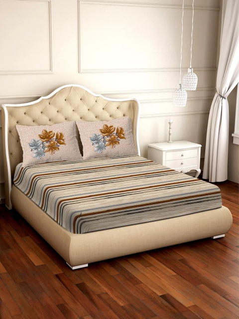 

BELLA CASA Brown & Beige Striped 300 TC Cotton 1 King Bedsheet with 2 Pillow Covers