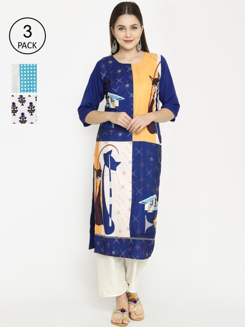 7Threads Pack of 3 Printed Crepe Kurta, Multi