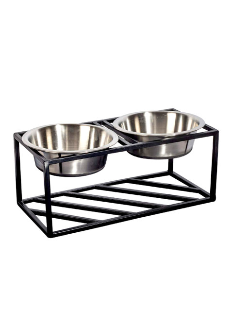 

PETS EMPIRE Silver-Toned & Black Solid Stainless Steel Elevated Food Pet Bowl-Large