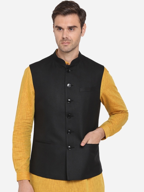 

Greenfibre Men Black Woven Design Nehru Jacket