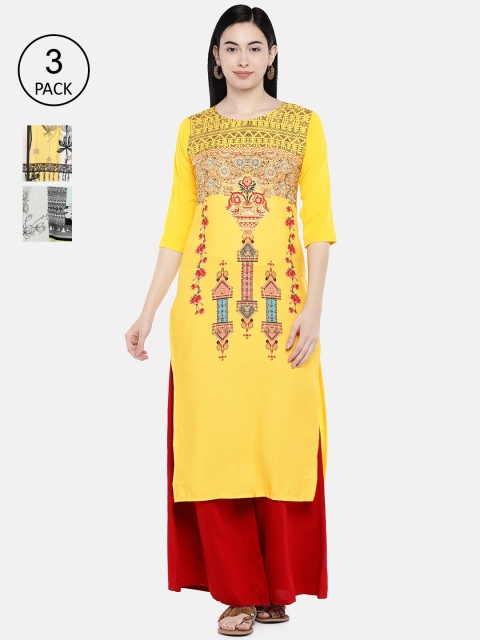 7Threads Women Pack of 3 Multicoloured Quirky Printed Kurtas, Multi