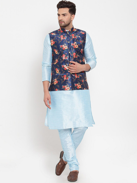 

GRACIT Men Turquoise Blue & Navy Blue Self Design Kurta with Pyjamas & Nehru Jacket