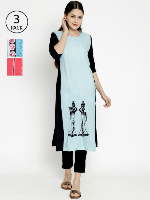 

7Threads Multicoloured Pack of 3 Quirky Printed Crepe Kurta, Multi
