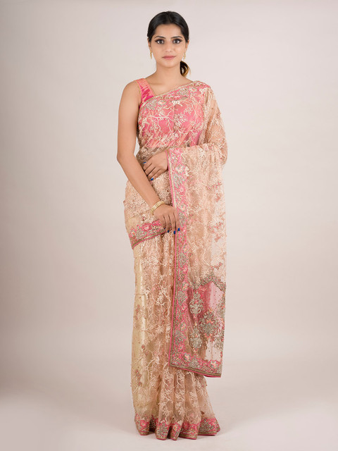 

Pothys Cream-Coloured Embroidered Pure Georgette Saree