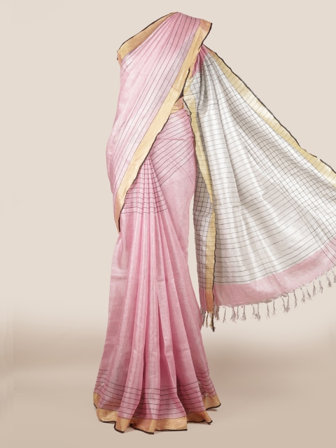 

Pothys Pink & Black Linen Blend Striped Saree