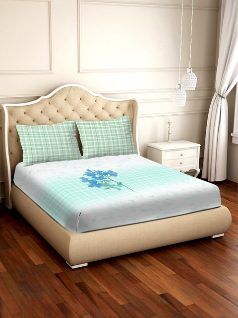 

BELLA CASA Green & White Floral 300 TC Cotton 1 King Bedsheet with 2 Pillow Covers