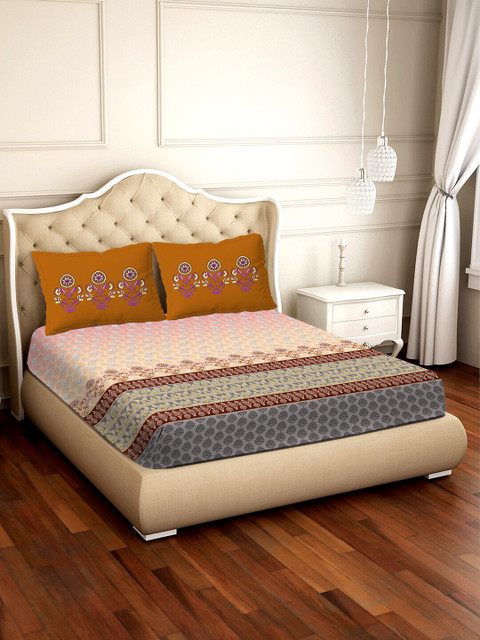 

BELLA CASA Pink & Maroon Ethnic Motifs 300 TC Cotton 1 King Bedsheet with 2 Pillow Covers