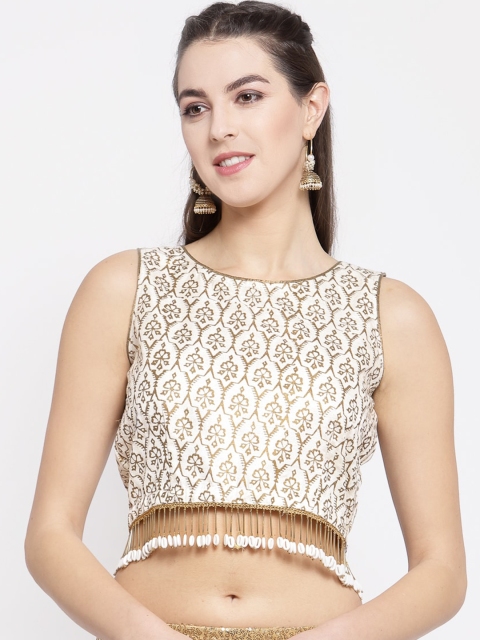 

studio rasa Off White & Gold Floral Printed Fringed Crop Top