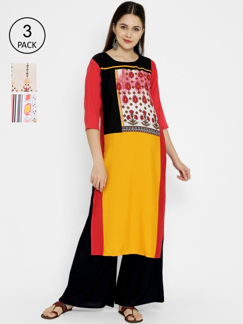 

7Threads Multicoloured Pack of 3 Floral Printed Crepe Kurta, Multi