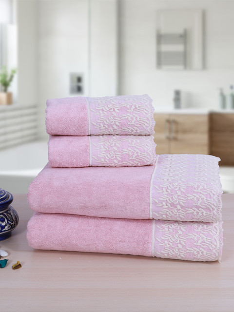 

RANGOLI Unisex Set Of 4 Pink & White Embroidered 550 GSM Towels