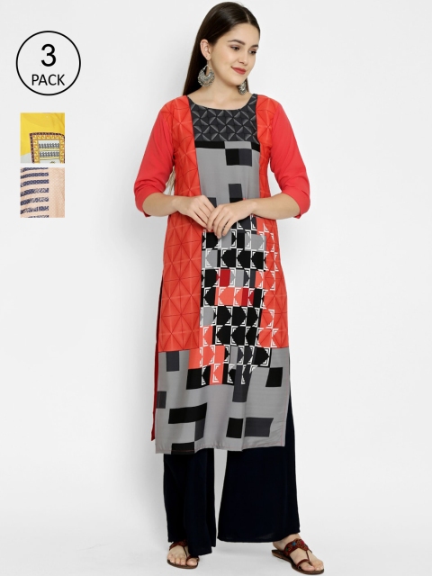 

7Threads Women Multicoloured Set of 3 Printed Straight Kurta, Multi