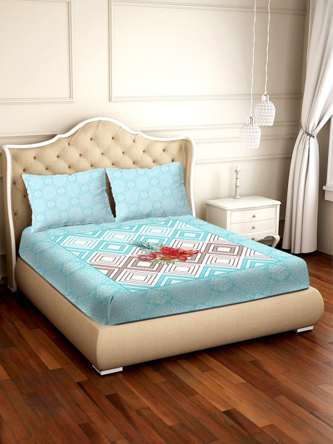 

BELLA CASA Blue & White Floral 300 TC Cotton 1 King Bedsheet with 2 Pillow Covers