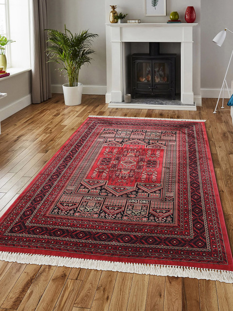 

OBSESSIONS Red & Black Ethnic Motif Belluchi Anti-Skid Carpet