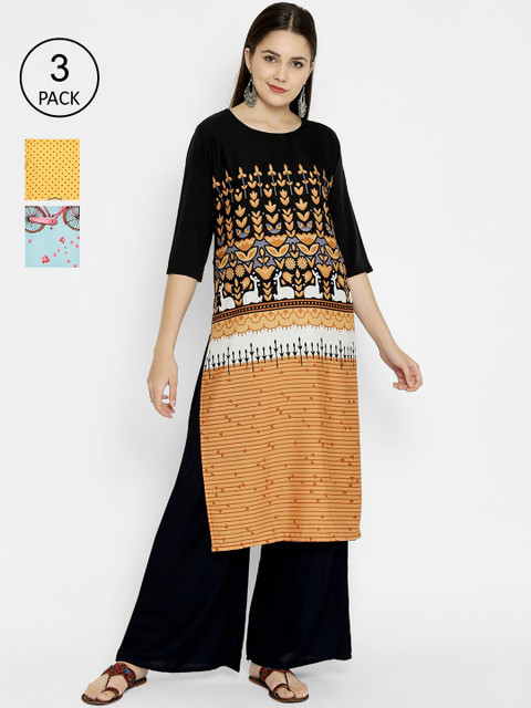

7Threads Women Pack Of 3 Multicoloured Ethnic Motifs Printed Crepe Kurtas, Multi