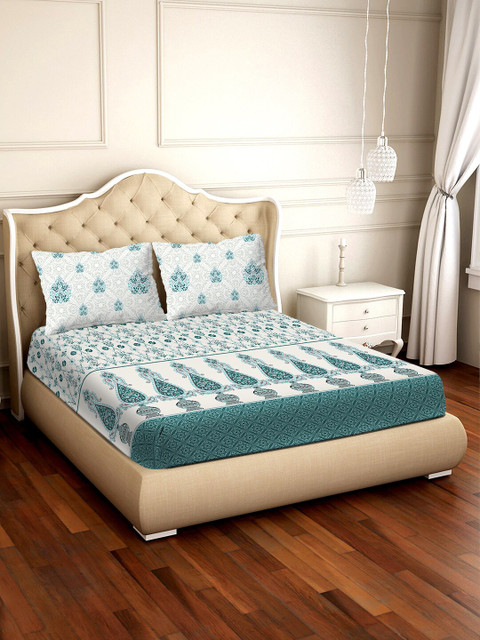 

BELLA CASA Teal & White Ethnic Motifs 300 TC Cotton 1 King Bedsheet with 2 Pillow Covers