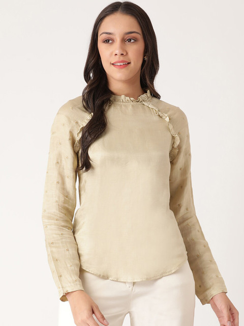 

ROOTED Women Khaki Floral Embroidered Top