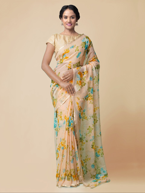 

Unnati Silks Peach-Coloured & Blue Pure Chiffon Printed Handloom Patola Saree