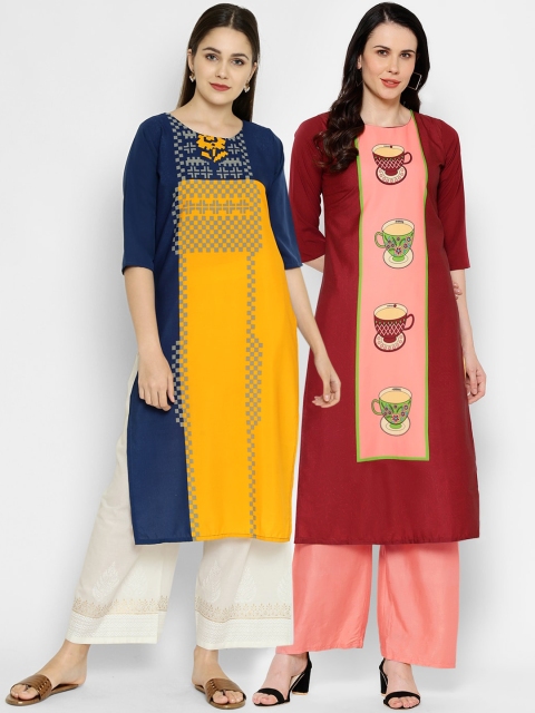 

7Threads Women Multicoloured Ethnic Motifs Printed Crepe Kurta Pack of 2, Multi