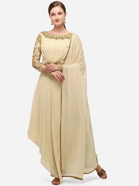 

NAKKASHI Beige & Gold-Toned Poly Georgette Semi-Stitched Dress Material