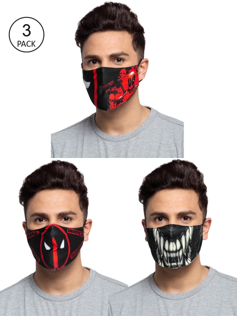 

TREEMODA Men Pack Of 3 Printed 3-Ply Reusable Cloth Masks, Black