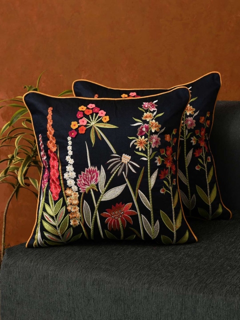 

AMOROSA Navy Blue & Red Set of 2 Floral Print Square Cushion Covers