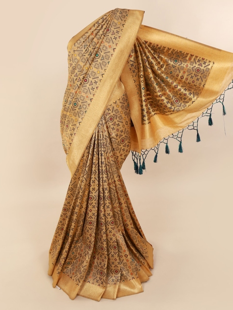 

Pothys Cream-Coloured & Blue Pure Silk Printed Saree With Tasseled Pallu