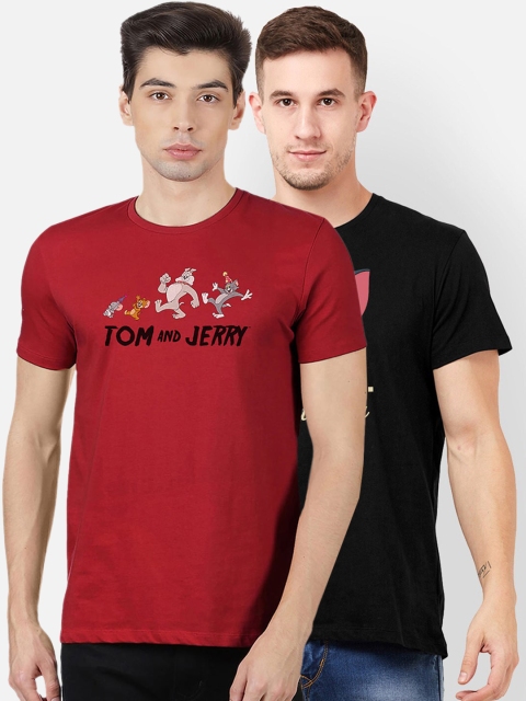 

Free Authority Men Pack Of 2 Tom Jerry Printed Round Neck Pure Cotton T-shirts, Maroon
