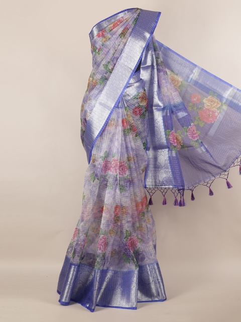 

Pothys Blue & Silver-Toned Tissue Printed Saree
