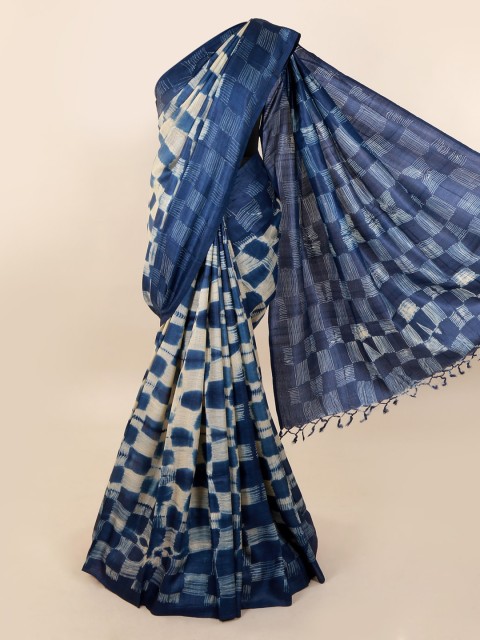

Pothys Cream-Coloured & Blue Pure Silk Printed Saree Pallu