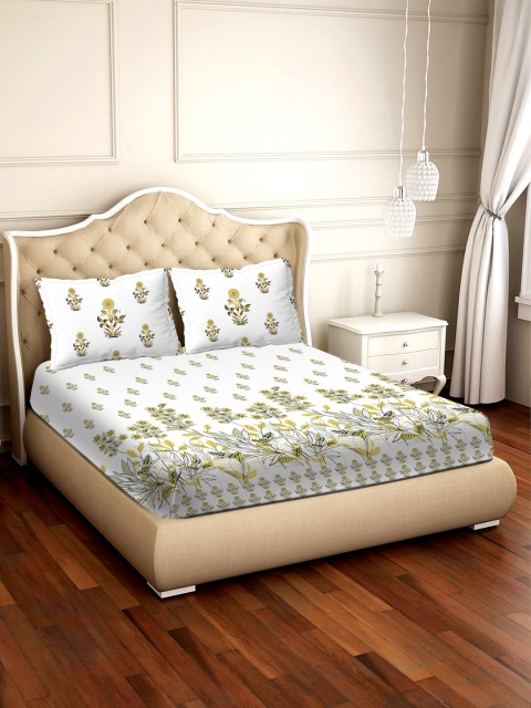 

BELLA CASA White & Green Floral 300 TC Cotton 1 King Bedsheet with 2 Pillow Covers