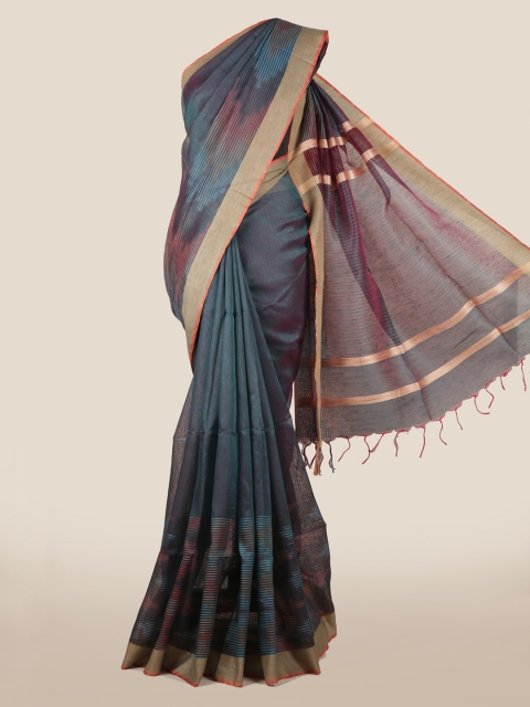 

Pothys Blue & Gold-Toned Linen Blend Woven Design Saree