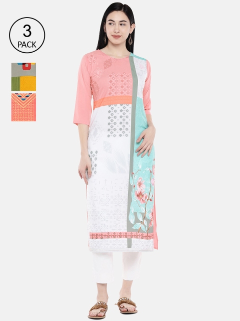 

7Threads Women Multicoloured Floral Printed Crepe Kurta Pack of 3, Multi