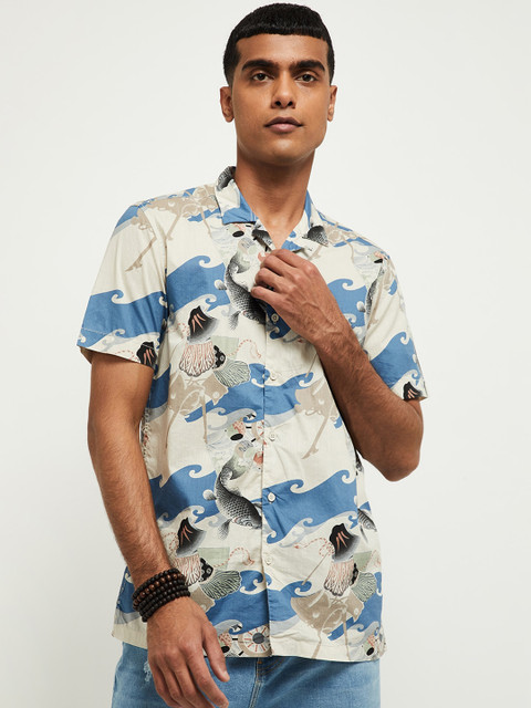 

max Men Off-White & Blue Slim Fit Printed Cotton Casual Shirt