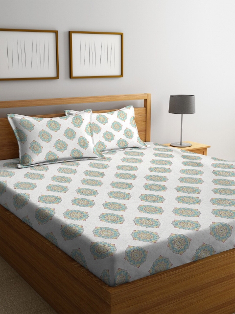 

ROMEE Off-White & Turquoise Blue Ethnic Motifs 144 TC Cotton 1 Queen Bedsheet with 2 Pillow Covers