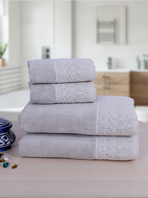 

RANGOLI Set of 4 Floral Lace Detail 550 GSM Towel Set, Grey