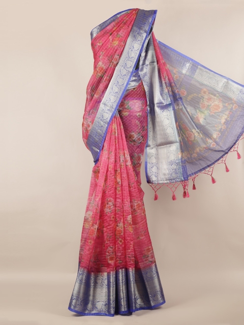 

Pothys Pink & Navy Blue Tissue Printed Saree