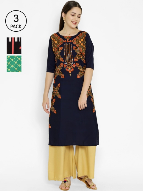 

7Threads Pack of 3 Printed Crepe Kurta, Multi