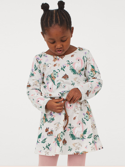 

H&M Girls Beige Printed Belted sweatshirt dress