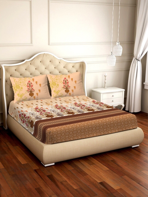 

BELLA CASA Brown & Cream-Coloured Floral 300 TC Cotton 1 King Bedsheet with 2 Pillow Covers