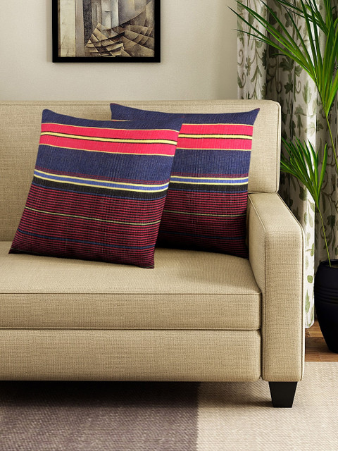 

NEUDIS Maroon & Blue Set of 2 Striped Square Cushion Covers