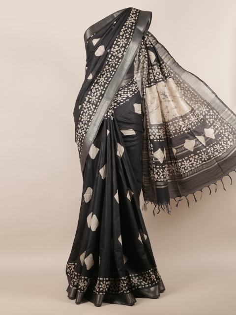 

Pothys Black & Off-White Linen Blend Dyed Saree