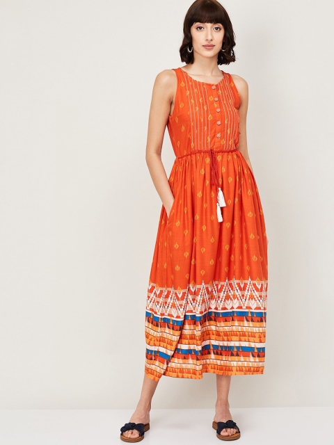

Colour Me by Melange Women Orange Printed Fit and Flare Dress