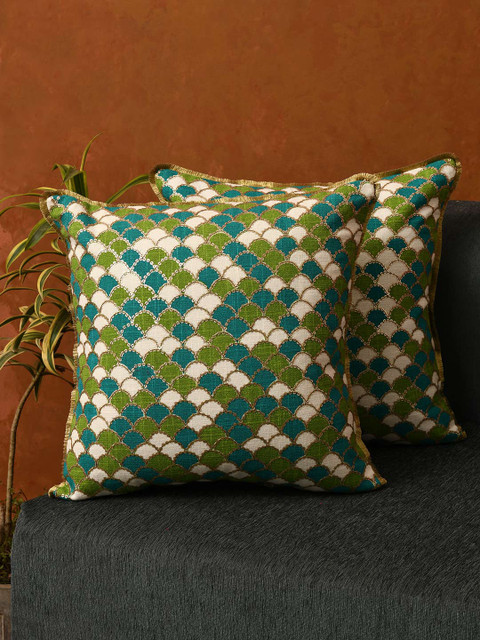 

AMOROSA Green & White Single Geometric Square Cushion Cover